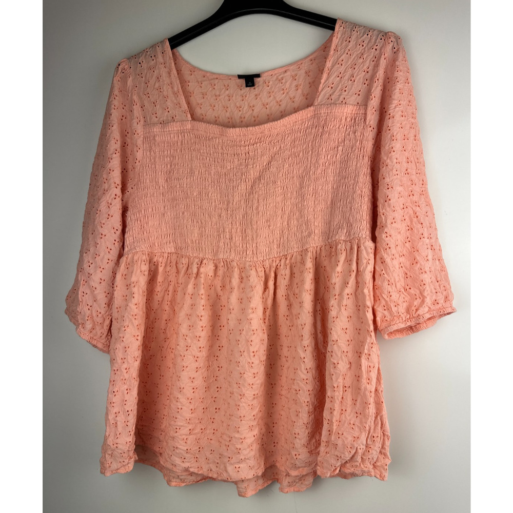 Torrid Voile Eyelet Smocked Babydoll 3/4 Sleeve Top Peach Women's Plus Size 3 3X - Picture 9 of 10